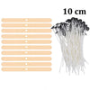 A bundle of 10 cm pre-waxed cotton candle wicks with metal sustainers.