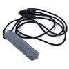 A black silicone chew necklace with a textured silicone piece for teething and sensory calming.