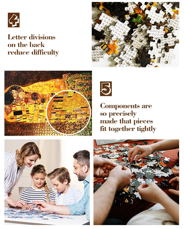 A collection of 1000-piece jigsaw puzzles showing various stages and components of a puzzle.