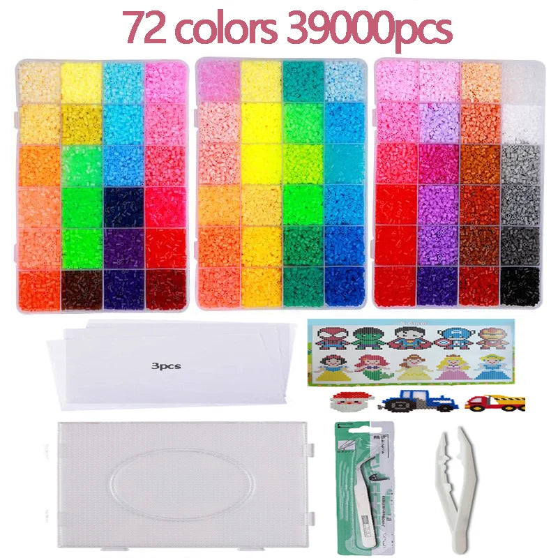 A set of 72 colorful beads in various shades and sizes for 3D puzzles and crafts, including a white board and tools.