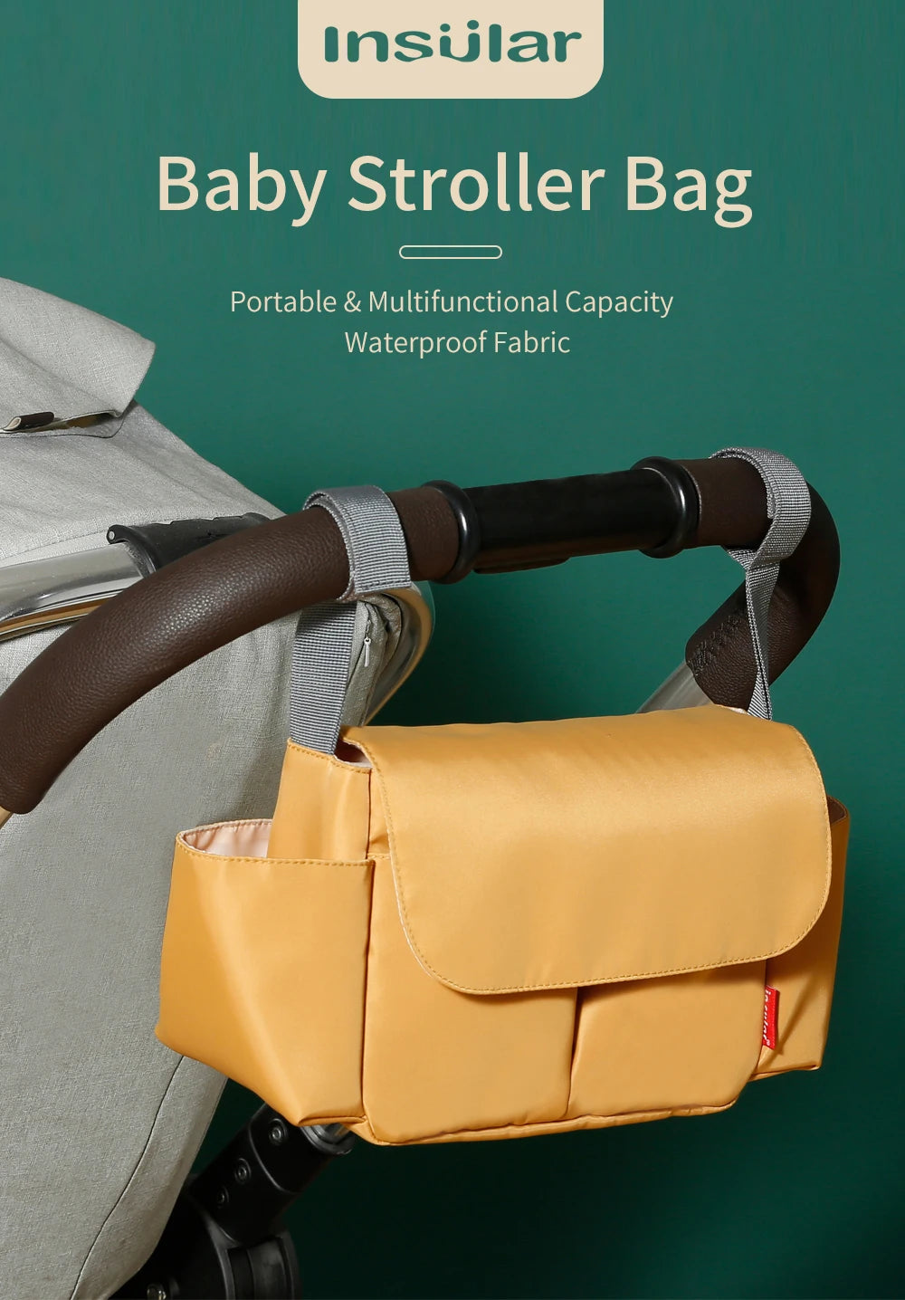 A yellow portable baby stroller bag with multiple compartments is shown attached to a stroller handlebar.