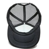 Black trucker hat with a black mesh front and a black curved brim