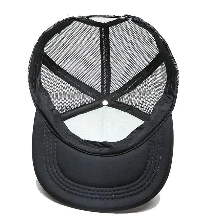 Black trucker hat with a black mesh front and a black curved brim
