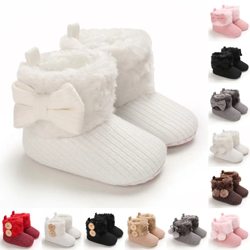 A collection of white and pink plush baby snow boots for girls and boys shown in various colors and styles.