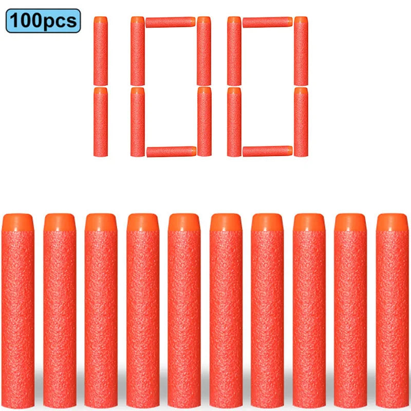 A set of 100 soft foam dart refills in various lengths and shapes for toy blasters.