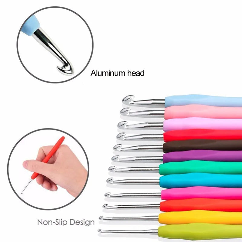 A set of soft-handle aluminum crochet hooks in various colors, demonstrating a non-slip design.