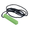 A green silicone chew necklace with a black cord and a textured tip for teething and sensory calming.