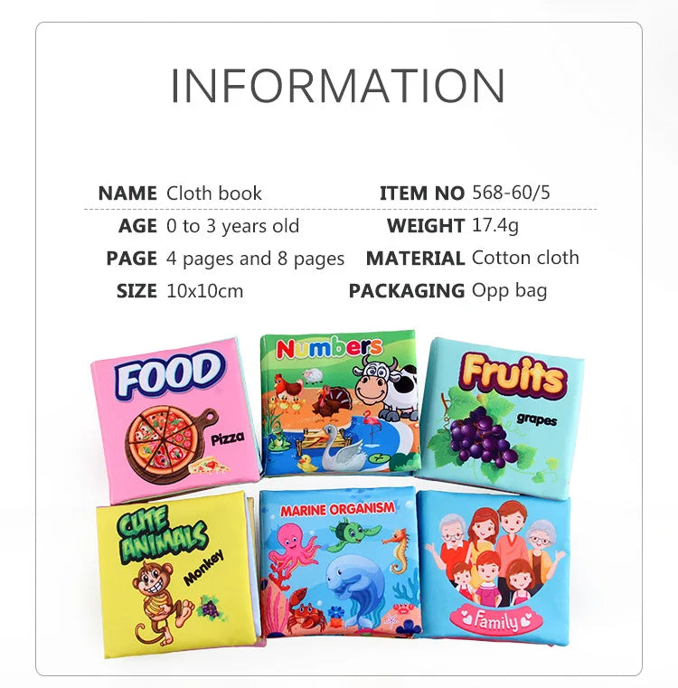 Soft Cloth Baby Books Set for Early Learning – Fruits, Animals, Numbers & More