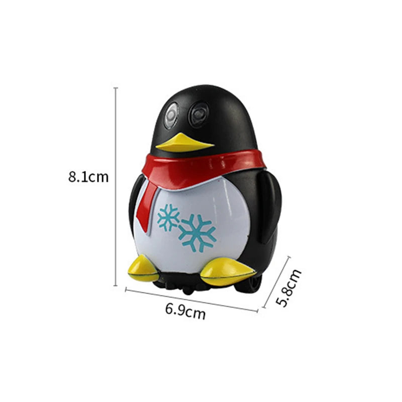 A black and white penguin-shaped line-following robot toy with a red collar and yellow beak.