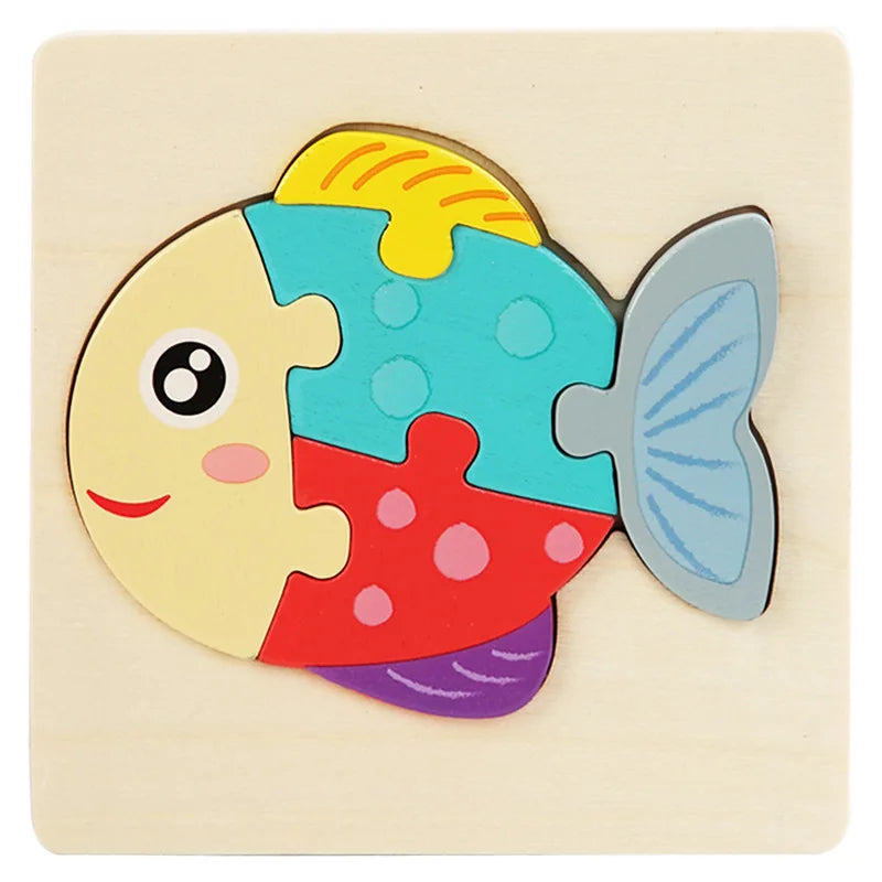 A wooden puzzle shaped like a colorful cartoon fish for children's early learning.
