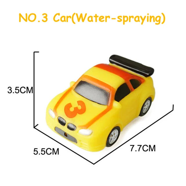 A yellow cartoon car toy with a water-spraying feature, shown from above.