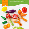 A wooden magnetic fruit and vegetable cutting play set showing various colorful fruits and vegetables like a lemon, tomato, a