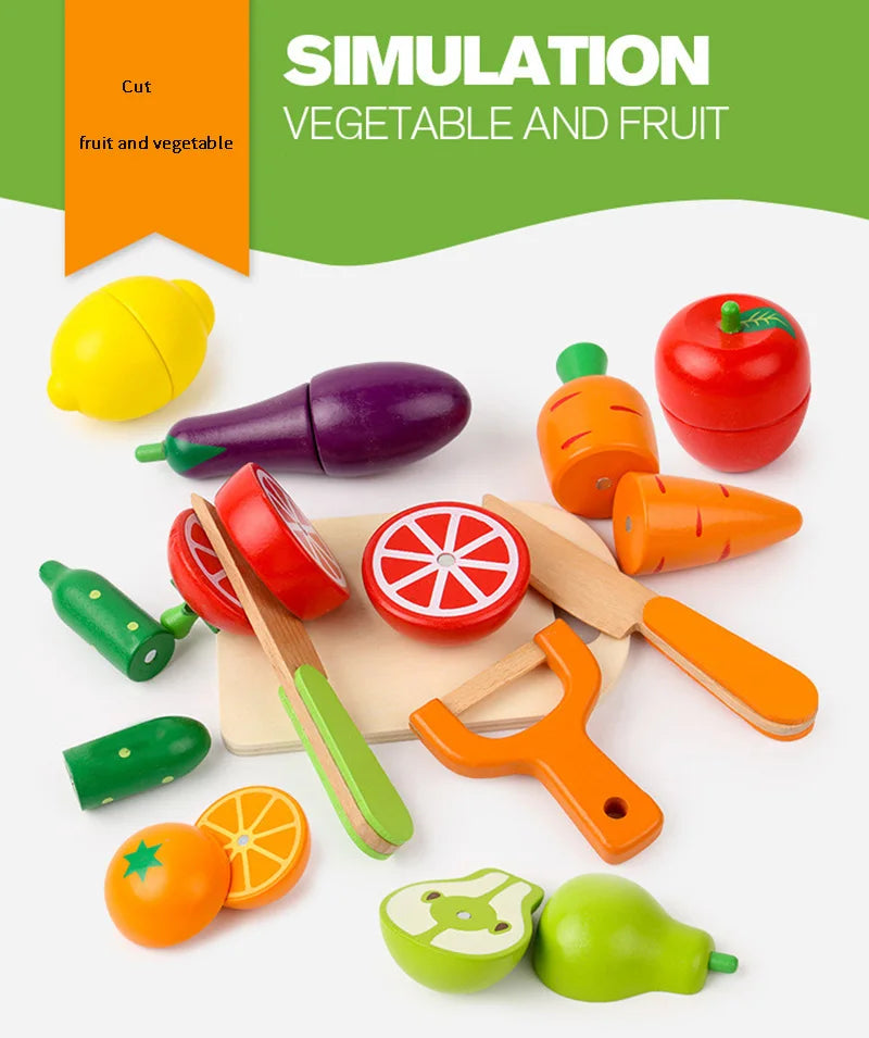 A wooden magnetic fruit and vegetable cutting play set showing various colorful fruits and vegetables like a lemon, tomato, a