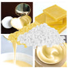 Natural beeswax in various forms including blocks, grated pieces, and liquid for DIY candle making and skincare