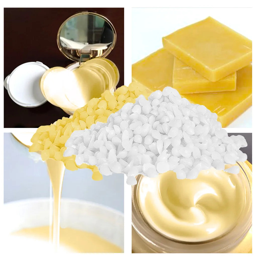 Natural beeswax in various forms including blocks, grated pieces, and liquid for DIY candle making and skincare