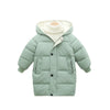A light sage green kids' padded parka jacket with a cream-colored hood and collar.