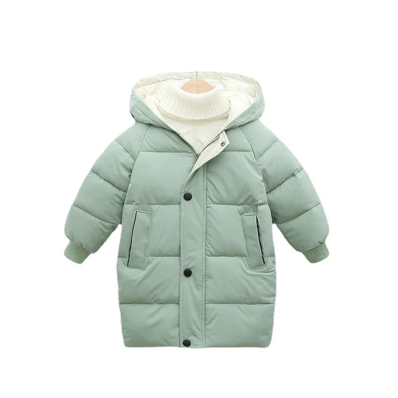 A light sage green kids' padded parka jacket with a cream-colored hood and collar.