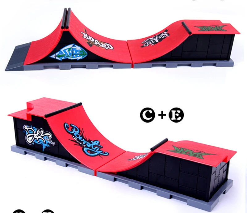 A red finger skateboard park set featuring ramps and a board with black and gray components.