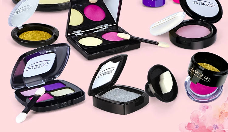 A collection of various makeup products including palettes and compacts shown on a pink background.