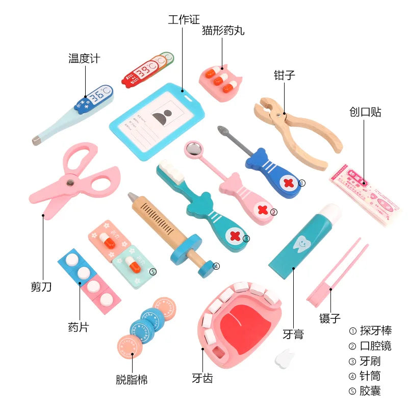 Wooden pretend play doctor medical kit for kids showing various tools like scissors forceps and bandages