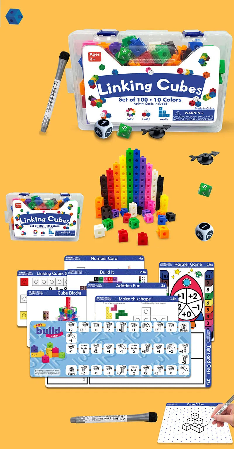 A set of Linking Cubes with 100 blocks in various colors and shapes for children's math and counting activities.