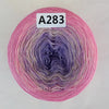A ball of rainbow gradient mercerized cotton cake yarn labeled A283.