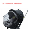 A black baby stroller with a transparent mosquito net and sunshade attached.