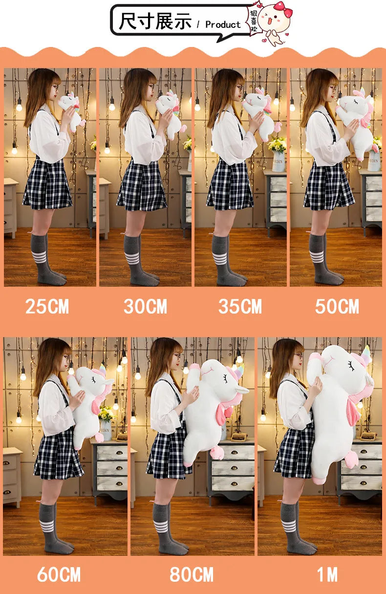 A series of photos showing a giant white unicorn plush toy in various sizes, from 25cm to 1m, displayed against a background.