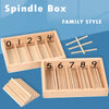 A wooden spindle box containing numbered sticks for Montessori math learning and geometric shapes.