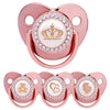 Rose gold crystal bling pacifiers for newborns featuring a crown and heart designs