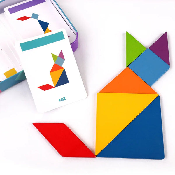 A colorful wooden tangram puzzle set featuring geometric shapes and an animal silhouette.