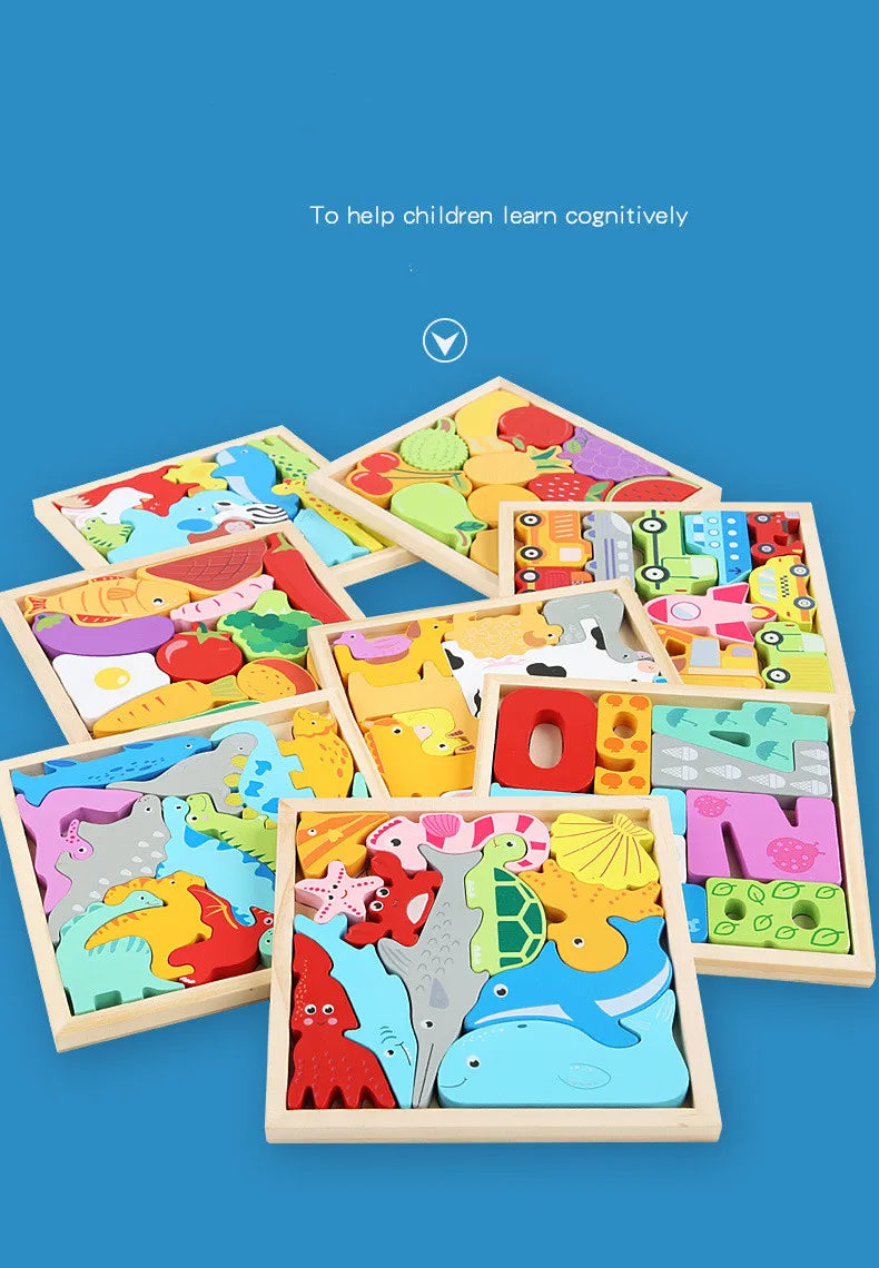 A collection of wooden 3D puzzle boards featuring cartoon animals and fruits for children's cognitive learning.
