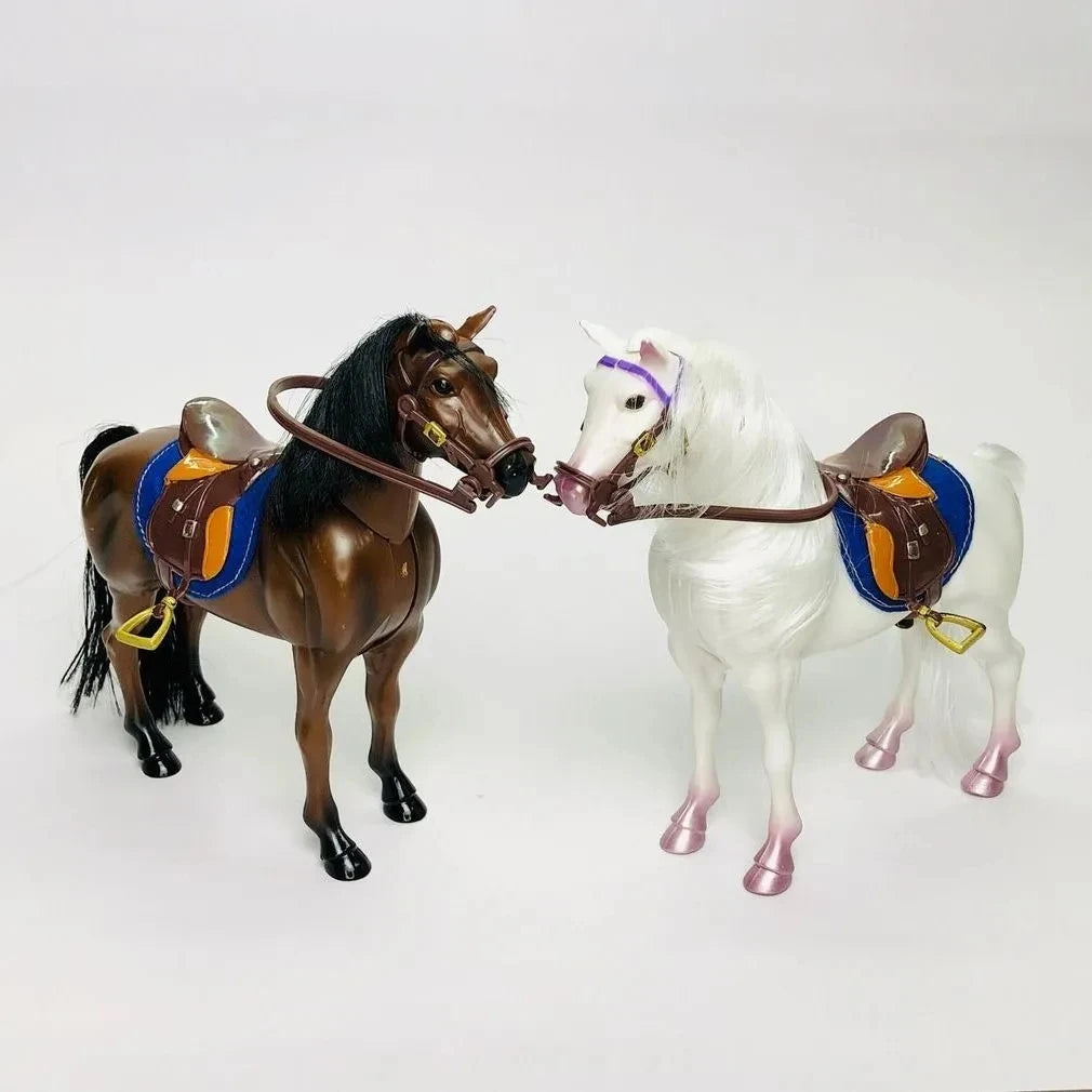 A 1/12 scale dollhouse horse with a brown coat and a white horse with a purple bridle and saddle accessories.
