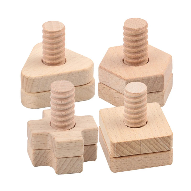 Wooden screw and nut building blocks made of light wood for toddlers