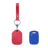 A red leather key wallet with a metal ring attached to a red strap and a blue plastic card holder.