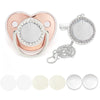 A pink and silver baby pacifier clip set featuring a heart-shaped body and rhinestone accents.