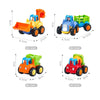 A set of four mini construction vehicle toys in yellow, blue, green, and red colors.