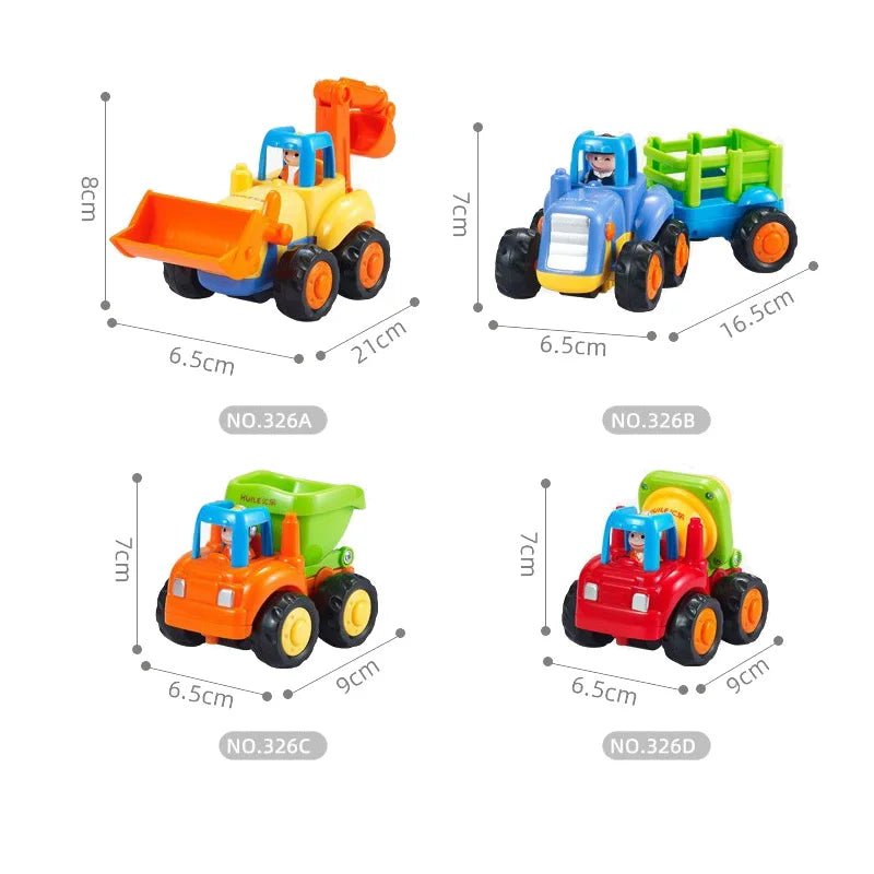 A set of four mini construction vehicle toys in yellow, blue, green, and red colors.