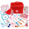 A red medical kit with a stethoscope, syringe, bandages, and various tools for children's pretend play.