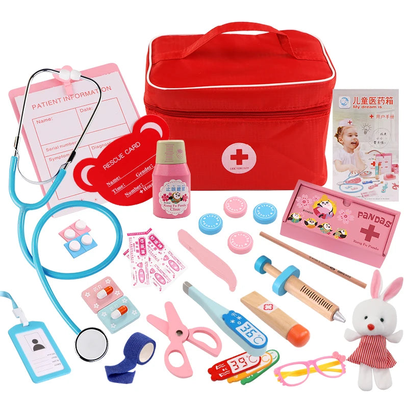 A red medical kit with a stethoscope, syringe, bandages, and various tools for children's pretend play.