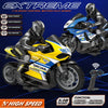 A yellow and black 1:10 scale remote control motorcycle with a rider, showing features like radio control and full suspension