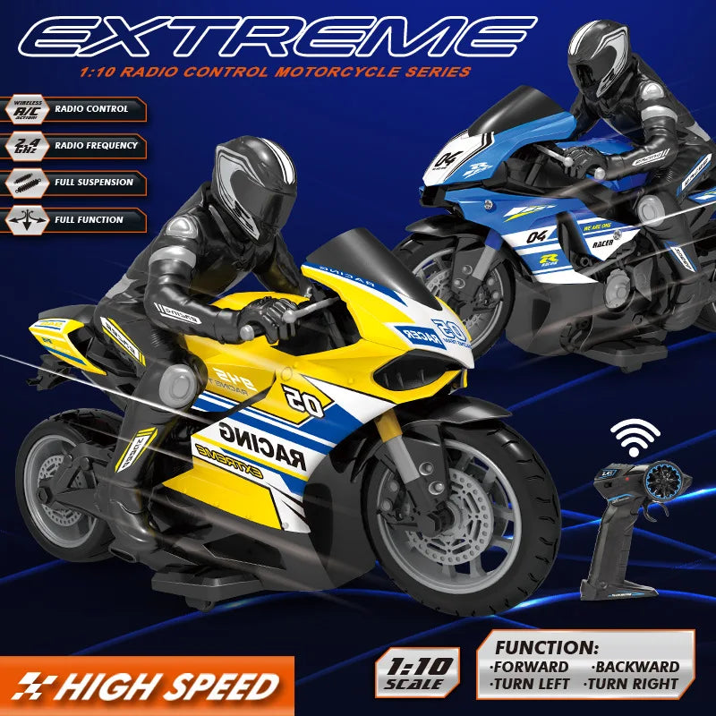 A yellow and black 1:10 scale remote control motorcycle with a rider, showing features like radio control and full suspension