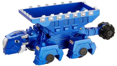 A blue die-cast dinosaur truck toy with a removable dino figure.