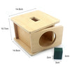 A wooden Montessori sensory toy set featuring a square box with a cutout and an attached rectangular piece.