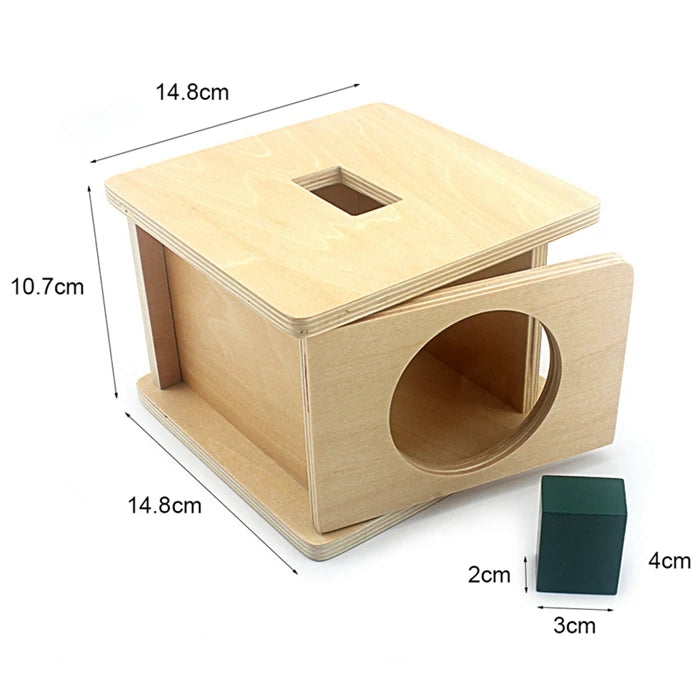 A wooden Montessori sensory toy set featuring a square box with a cutout and an attached rectangular piece.