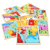 A collection of wooden tangram puzzle boards featuring colorful animal and geometric shapes for children.