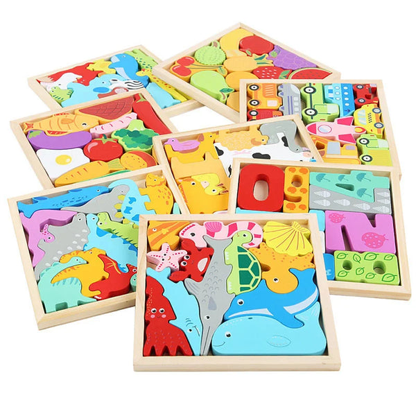 A collection of wooden tangram puzzle boards featuring colorful animal and geometric shapes for children.
