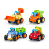 A set of four mini construction vehicle toys in orange, yellow, and green colors.
