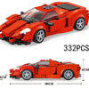 A red classic rally car building block set featuring a transparent cockpit and detailed exterior components.