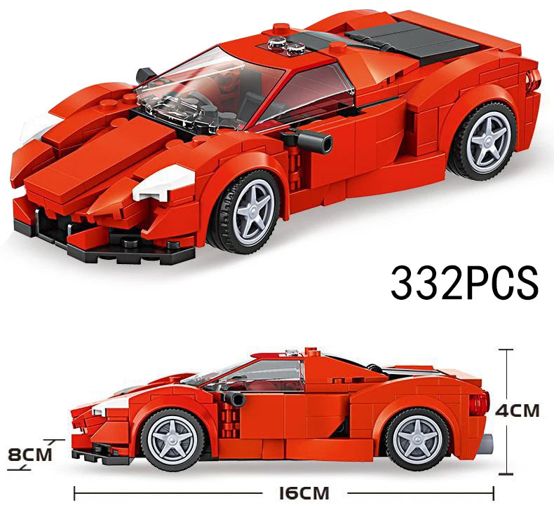 A red classic rally car building block set featuring a transparent cockpit and detailed exterior components.